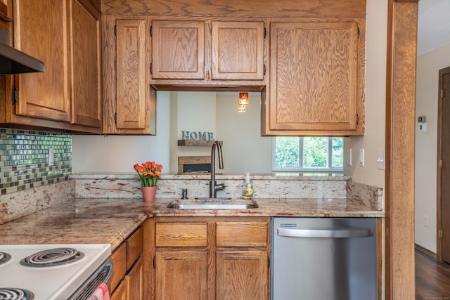 80 Copper Beech Dr Unit 80, Rocky Hill, CT 06067 - kitchen with dishwasher, range hood, light stone countertops, white electric range oven, and brown cabinetry