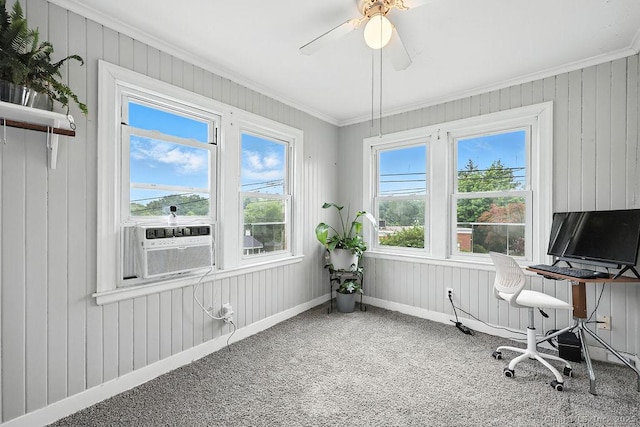 85 Peck St, Berlin, CT 06037 - home office with carpet, ornamental molding, ceiling fan, and wooden walls