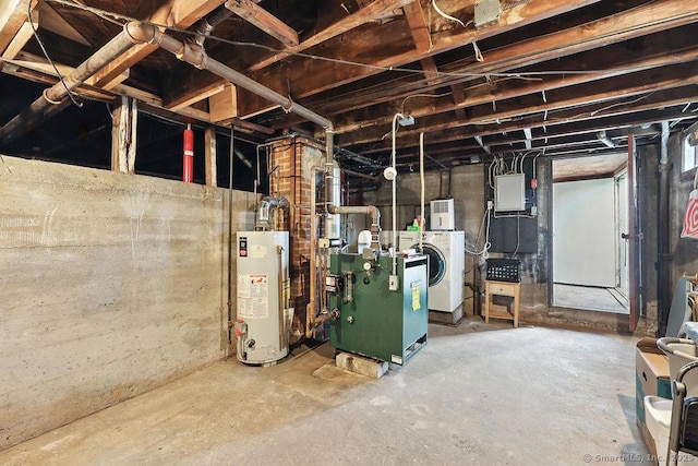 85 Peck St, Berlin, CT 06037 - unfinished basement featuring water heater, washer / dryer, and a heating unit