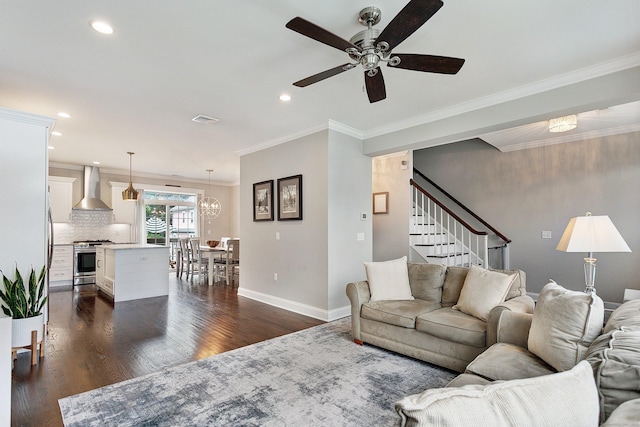 157 Brentwood Ave Unit 157, Fairfield, CT 06825 - living area featuring a ceiling fan, dark wood-type flooring, recessed lighting, stairway, and ornamental molding