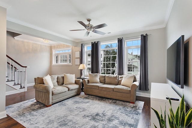 157 Brentwood Ave Unit 157, Fairfield, CT 06825 - living area featuring healthy amount of natural light, stairway, a ceiling fan, wood finished floors, and ornamental molding