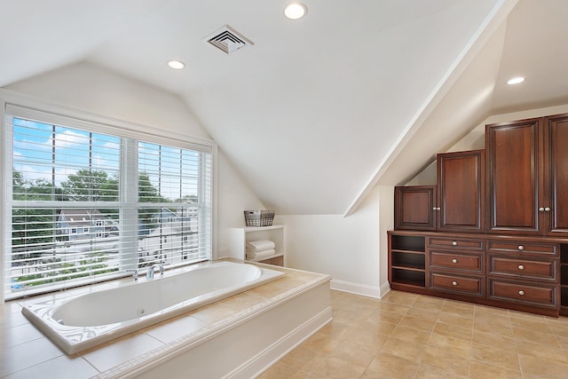 157 Brentwood Ave Unit 157, Fairfield, CT 06825 - bathroom featuring lofted ceiling, a whirlpool tub, recessed lighting, and tile patterned floors