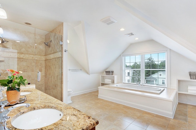 157 Brentwood Ave Unit 157, Fairfield, CT 06825 - bathroom with a bath, lofted ceiling, double vanity, tiled shower, and recessed lighting