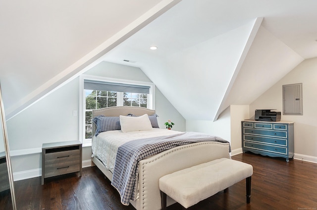 157 Brentwood Ave Unit 157, Fairfield, CT 06825 - bedroom with electric panel, wood finished floors, vaulted ceiling, and recessed lighting