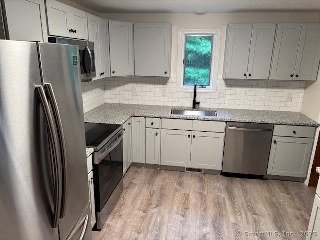 56 Cedar Swamp Rd, Mansfield, CT 06268 - kitchen with appliances with stainless steel finishes, decorative backsplash, light wood finished floors, and light stone countertops