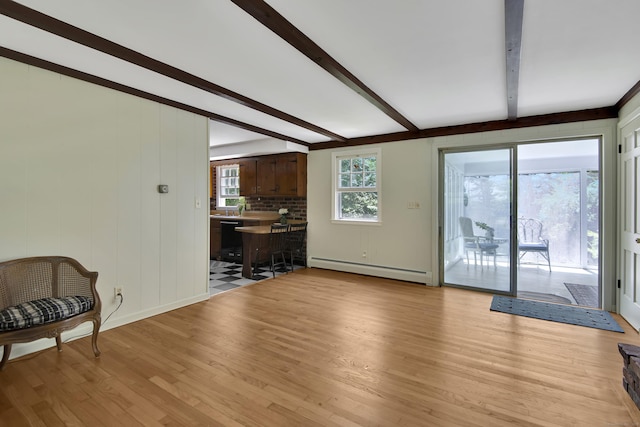 3 Deerfield Dr, Clinton, CT 06413 - unfurnished living room featuring baseboard heating, beamed ceiling, and light wood-type flooring