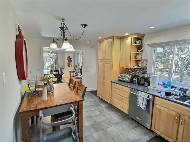 4380 Whitney Ave, Hamden, CT 06518 - kitchen featuring dishwasher, dark countertops, light brown cabinets, a chandelier, and open shelves