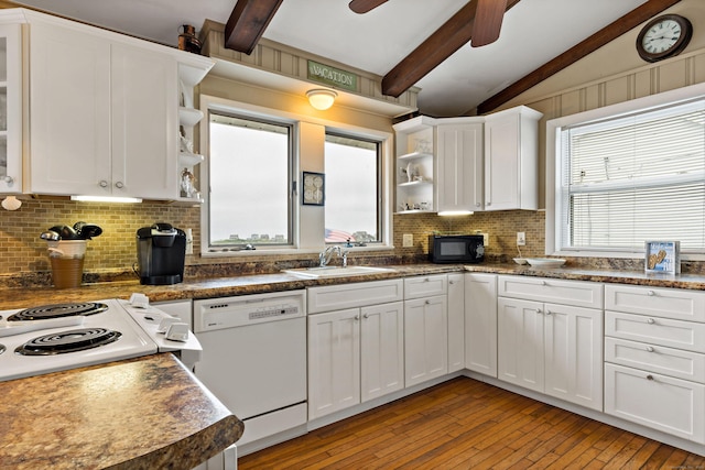 kitchen featuring open shelves, white appliances, white cabinetry, light wood-style flooring, and decorative backsplash