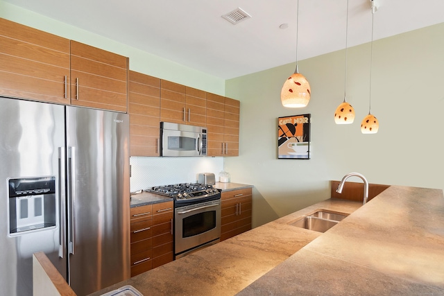33 N Water St Unit 505, Norwalk, CT 06854 - kitchen with appliances with stainless steel finishes, brown cabinets, decorative backsplash, and pendant lighting