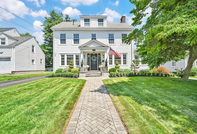1676 Boulevard Blvd, West Hartford, CT 06107 - view of front of property with a chimney, a front lawn, and a shingled roof