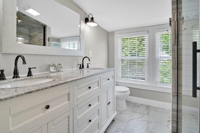 1676 Boulevard Blvd, West Hartford, CT 06107 - bathroom with double vanity, marble look tiles, and an enclosed shower
