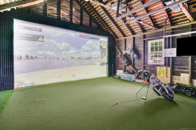 1676 Boulevard Blvd, West Hartford, CT 06107 - recreation room featuring golf simulator, lofted ceiling, and carpet floors