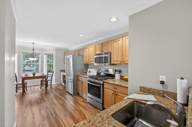 1401 Pinnacle Way Unit 1401, Danbury, CT 06811 - kitchen featuring appliances with stainless steel finishes, ornamental molding, light wood-style floors, light stone countertops, and recessed lighting