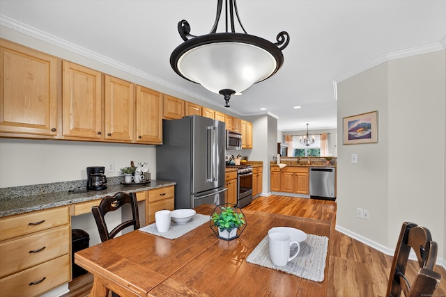 1401 Pinnacle Way Unit 1401, Danbury, CT 06811 - kitchen featuring appliances with stainless steel finishes, wood finished floors, ornamental molding, recessed lighting, and light brown cabinetry
