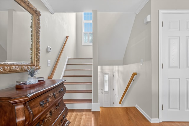 1401 Pinnacle Way Unit 1401, Danbury, CT 06811 - stairway featuring wood finished floors and crown molding