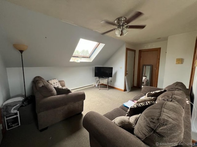 267 Chapman St, New Britain, CT 06051 - carpeted living area with a skylight, ceiling fan, a baseboard heating unit, and lofted ceiling
