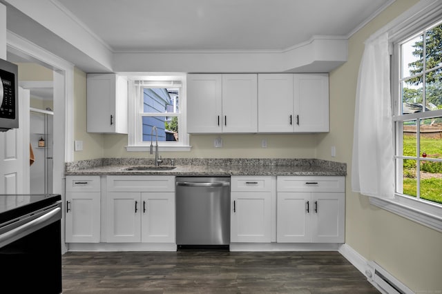 35 Brower St, West Haven, CT 06516 - kitchen featuring stainless steel dishwasher, baseboard heating, range with electric stovetop, white cabinets, and crown molding