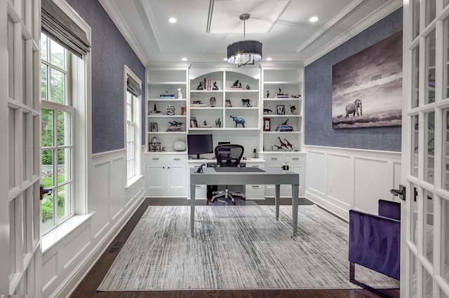 319 Mountain Rd, Wilton, CT 06897 - home office with crown molding, plenty of natural light, a decorative wall, a wainscoted wall, and dark wood-type flooring