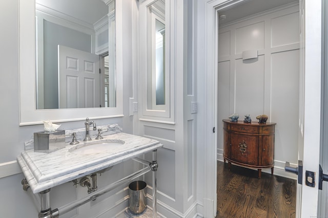 319 Mountain Rd, Wilton, CT 06897 - bathroom with wood finished floors and crown molding
