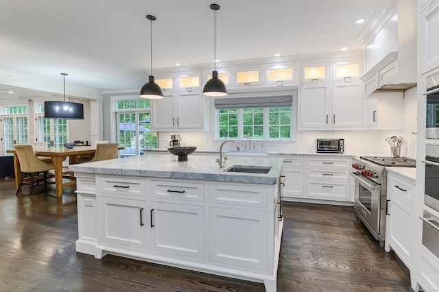 319 Mountain Rd, Wilton, CT 06897 - kitchen with premium stove, white cabinetry, backsplash, glass insert cabinets, and recessed lighting