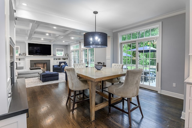 319 Mountain Rd, Wilton, CT 06897 - dining area with ornamental molding, a fireplace, recessed lighting, dark wood-style flooring, and coffered ceiling