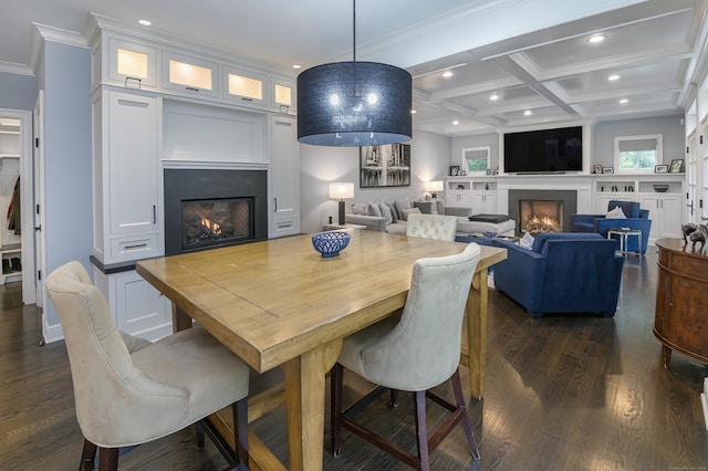 319 Mountain Rd, Wilton, CT 06897 - dining space featuring a warm lit fireplace, coffered ceiling, dark wood-style flooring, crown molding, and recessed lighting