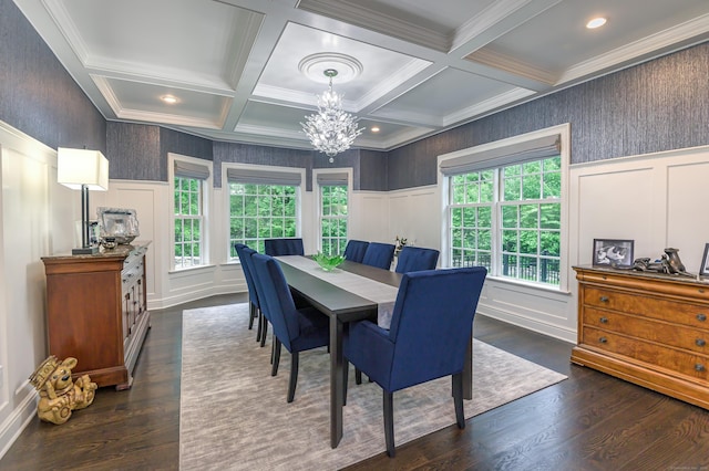 319 Mountain Rd, Wilton, CT 06897 - dining room with a decorative wall, a chandelier, dark wood-style flooring, beam ceiling, and coffered ceiling