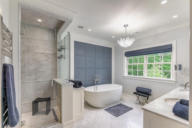 319 Mountain Rd, Wilton, CT 06897 - full bath featuring crown molding, a stall shower, a freestanding bath, double vanity, and recessed lighting