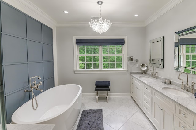 319 Mountain Rd, Wilton, CT 06897 - full bath featuring a soaking tub, double vanity, ornamental molding, a chandelier, and recessed lighting
