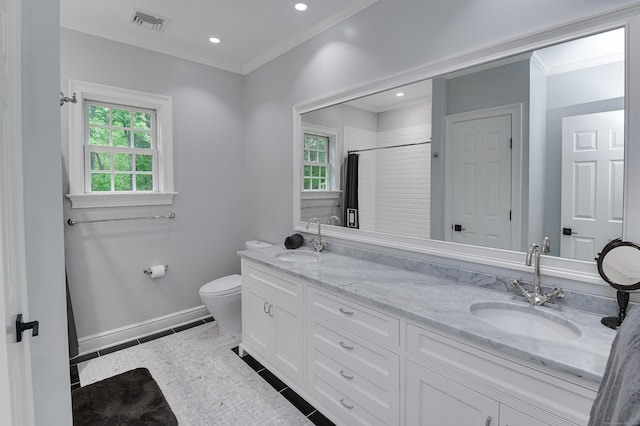 319 Mountain Rd, Wilton, CT 06897 - full bath featuring plenty of natural light, double vanity, an enclosed shower, tile patterned floors, and crown molding