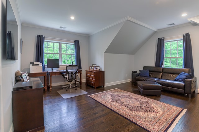 319 Mountain Rd, Wilton, CT 06897 - office featuring plenty of natural light, dark wood-style flooring, crown molding, recessed lighting, and vaulted ceiling