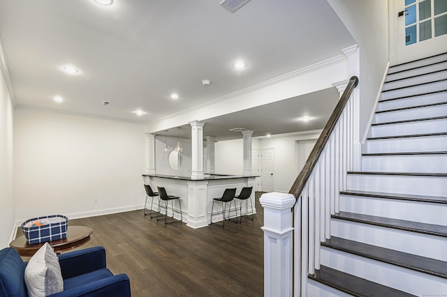 319 Mountain Rd, Wilton, CT 06897 - interior space featuring ornamental molding, dark wood-style floors, stairway, recessed lighting, and ornate columns