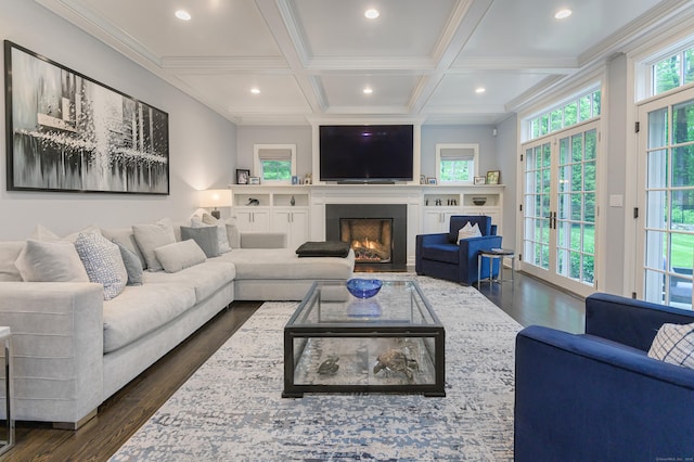 319 Mountain Rd, Wilton, CT 06897 - living area with dark wood-style floors, recessed lighting, a fireplace, coffered ceiling, and beamed ceiling