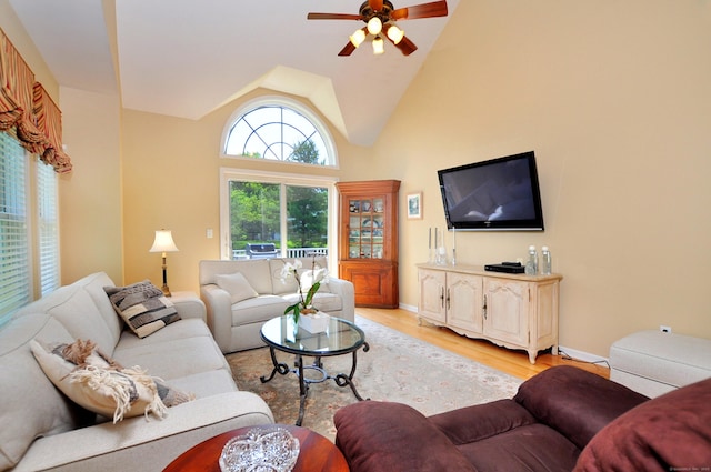 20 Carnoustie Cir, Bloomfield, CT 06002 - living area featuring a ceiling fan, light wood-style floors, and lofted ceiling