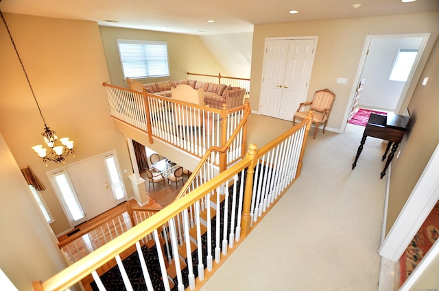 20 Carnoustie Cir, Bloomfield, CT 06002 - corridor featuring an upstairs landing, carpet flooring, a chandelier, and recessed lighting