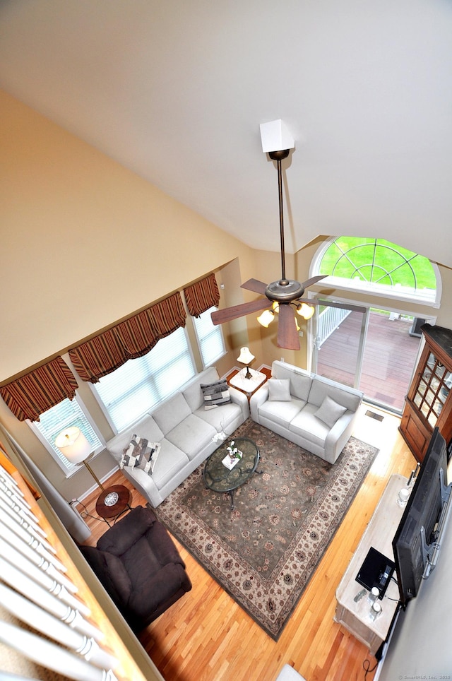 20 Carnoustie Cir, Bloomfield, CT 06002 - living room featuring wood finished floors, ceiling fan, and vaulted ceiling