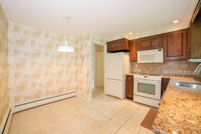 57 Apple Tree Ln, Hamden, CT 06518 - kitchen featuring white appliances, wallpapered walls, light tile patterned floors, a baseboard heating unit, and pendant lighting