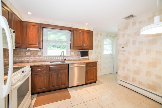 57 Apple Tree Ln, Hamden, CT 06518 - kitchen with dishwasher, electric stove, a baseboard heating unit, wallpapered walls, and light stone counters