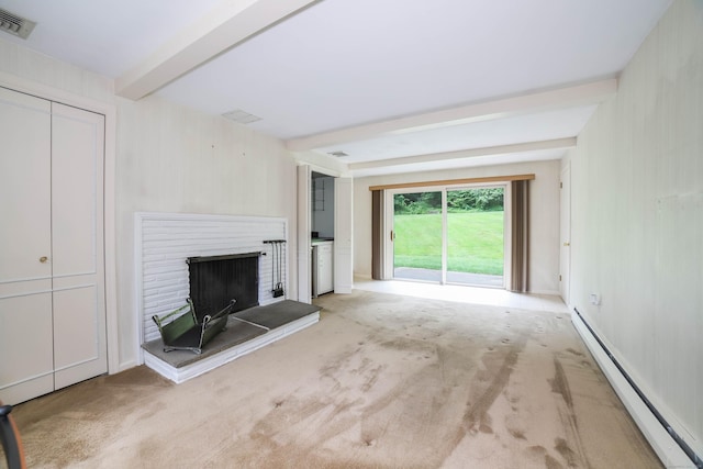 57 Apple Tree Ln, Hamden, CT 06518 - unfurnished living room featuring a baseboard radiator, carpet floors, a brick fireplace, and beam ceiling