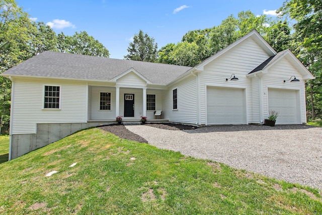 6 S Bear Hill Rd, Chaplin, CT 06235 - ranch-style home featuring gravel driveway, a garage, a front yard, a shingled roof, and a porch
