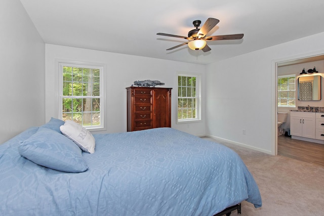6 S Bear Hill Rd, Chaplin, CT 06235 - bedroom featuring multiple windows, light carpet, a ceiling fan, and ensuite bath