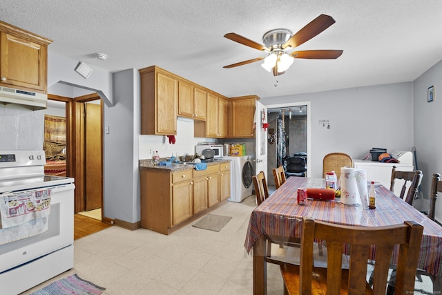 52 Colony St, Bristol, CT 06010 - kitchen with white range with electric cooktop, under cabinet range hood, arched walkways, ceiling fan, and light floors