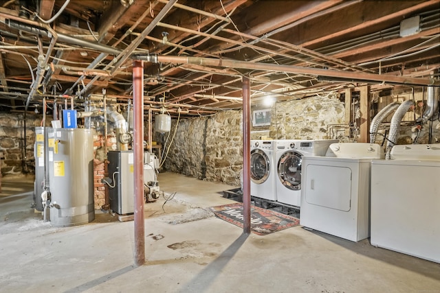 17 Pleasant St, Danbury, CT 06810 - unfinished basement with washer and clothes dryer, gas water heater, and a heating unit