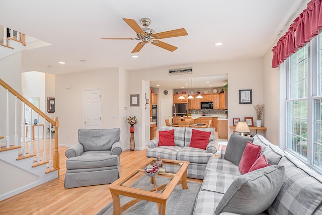 7 Concord Ct Unit 7, Southbury, CT 06488 - living area featuring stairs, light wood-style flooring, recessed lighting, and ceiling fan