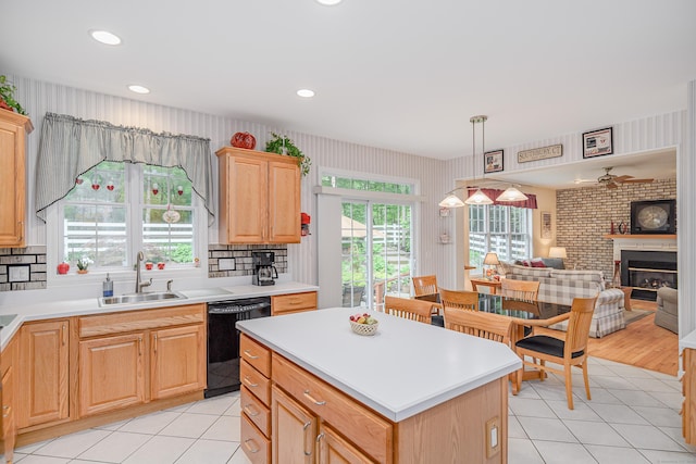 7 Concord Ct Unit 7, Southbury, CT 06488 - kitchen featuring black dishwasher, light brown cabinetry, light tile patterned floors, open floor plan, and recessed lighting