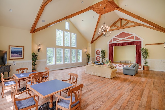 7 Concord Ct Unit 7, Southbury, CT 06488 - dining space featuring a wainscoted wall, hardwood / wood-style flooring, high vaulted ceiling, beamed ceiling, and plenty of natural light