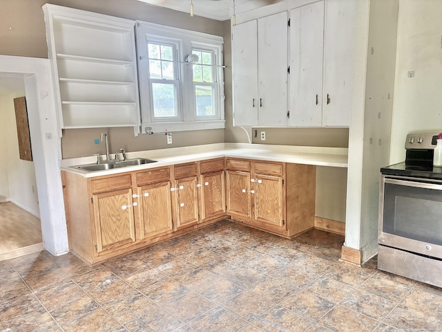 154 Golden St, Norwich, CT 06360 - kitchen featuring stainless steel electric range oven, open shelves, and light countertops