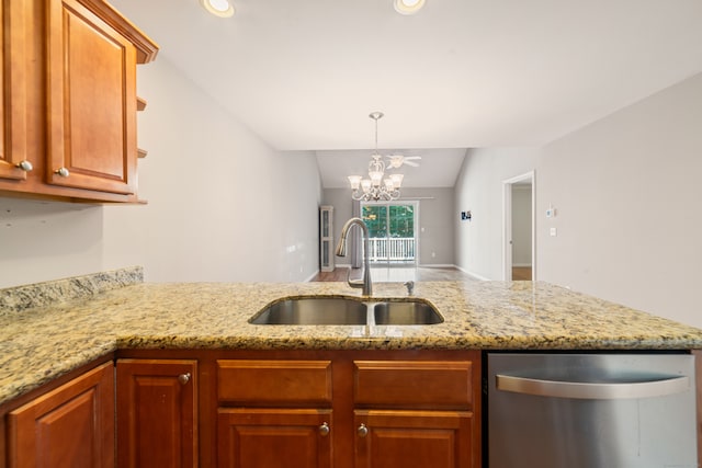 44 Forshaw Ave Unit 44, Plainville, CT 06062 - kitchen with dishwasher, lofted ceiling, a chandelier, light stone countertops, and brown cabinets