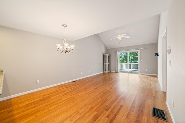 44 Forshaw Ave Unit 44, Plainville, CT 06062 - spare room featuring light wood-style floors, a ceiling fan, a chandelier, and lofted ceiling