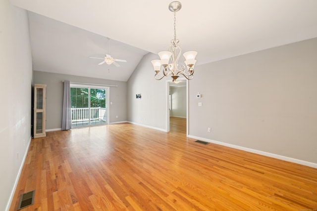 44 Forshaw Ave Unit 44, Plainville, CT 06062 - spare room featuring ceiling fan, a chandelier, light wood-type flooring, and lofted ceiling